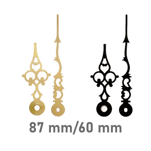 Set of clock hands Luis XVI with Euro fitting for quartz movement black & yellow Brass color 87 mm