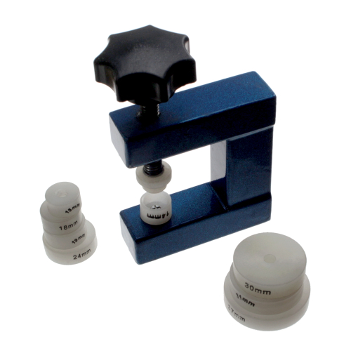 Compact screw press for closing watch cases and inserting crystals