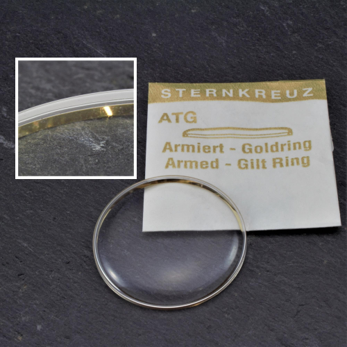 Acryl-Uhrenglas gewölbt & armiert mit vergoldetem Ring für Armbanduhren 225-373 292