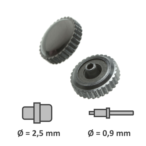 Wasserdichte Kronen mit Dichtung verchromt Gewinde 0,9 mm Tubus 2,5 mm