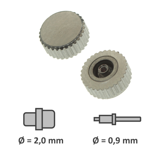 Wasserdichte Kronen mit Dichtung verchromt Gewinde 0,9 mm Tubus 2,0 mm