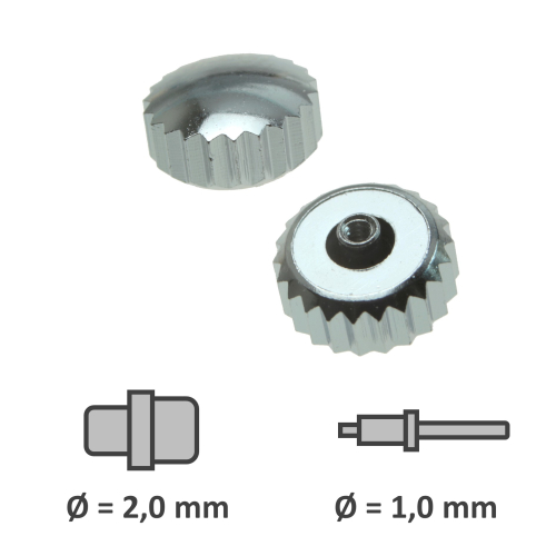 Wasserdichte Kronen mit Dichtung verchromt Gewinde 1,0 mm Tubus 2,0 mm