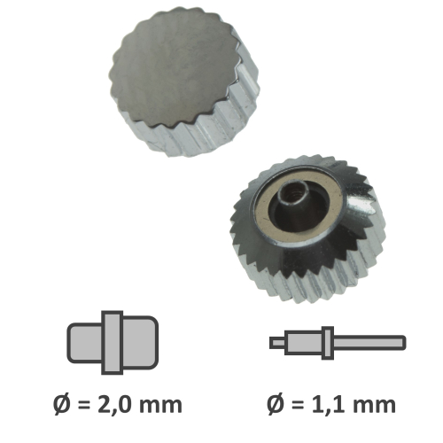 Wasserdichte Kronen mit Dichtung verchromt Gewinde 1,1 mm Tubus 2,0 mm