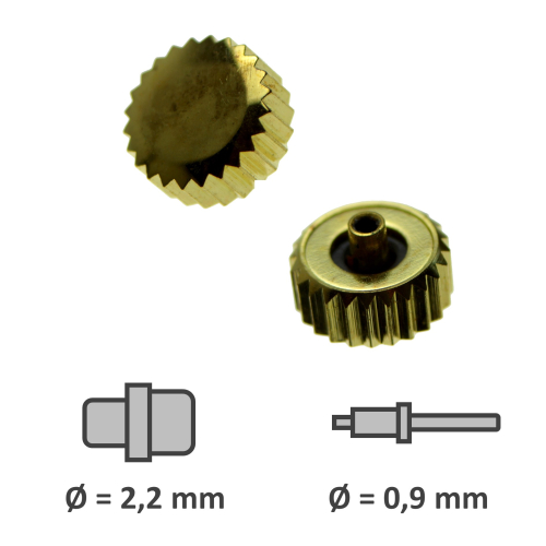 Wasserdichte Krone mit Dichtung vergoldet Gewinde 0,9 mm Tubus 2,2 mm