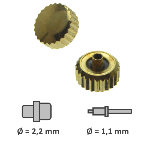 Wasserdichte Krone mit Dichtung vergoldet Gewinde 1,1 mm Tubus 2,2 mm