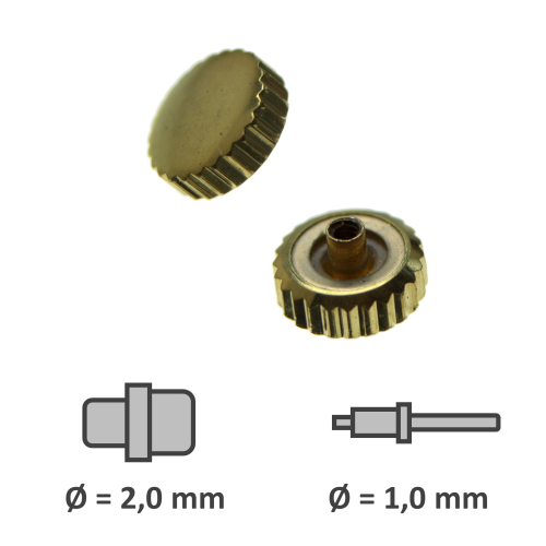 Wasserdichte Krone mit Dichtung vergoldet Gewinde 1,0 mm Tubus 2,0 mm