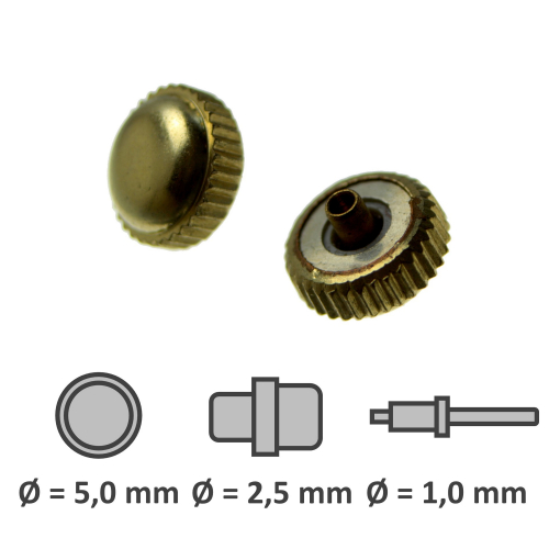 Wasserdichte Krone mit Dichtung vergoldet Gewinde 1,0 mm Tubus 2,5 mm 5,0 mm