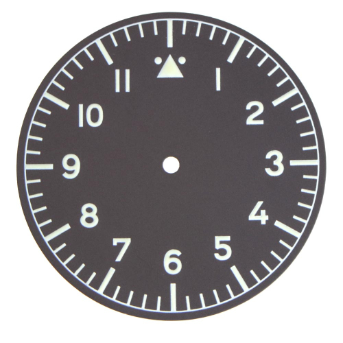 Black wristwatch dial with green luminescent numerals 38.0 mm