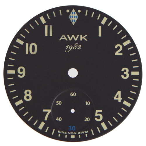 Wristwatch dial 37.00 mm black, "AWK 1982" for Unitas 6498-1