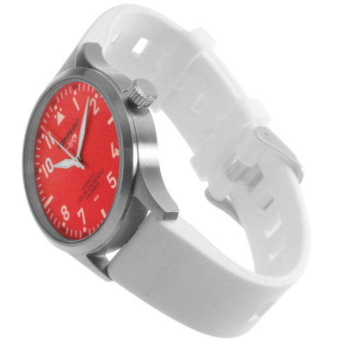 Reloj Pop Pilot, acero, 42 mm, rojo, Miyota 2035 SC, correa de silicona blanca